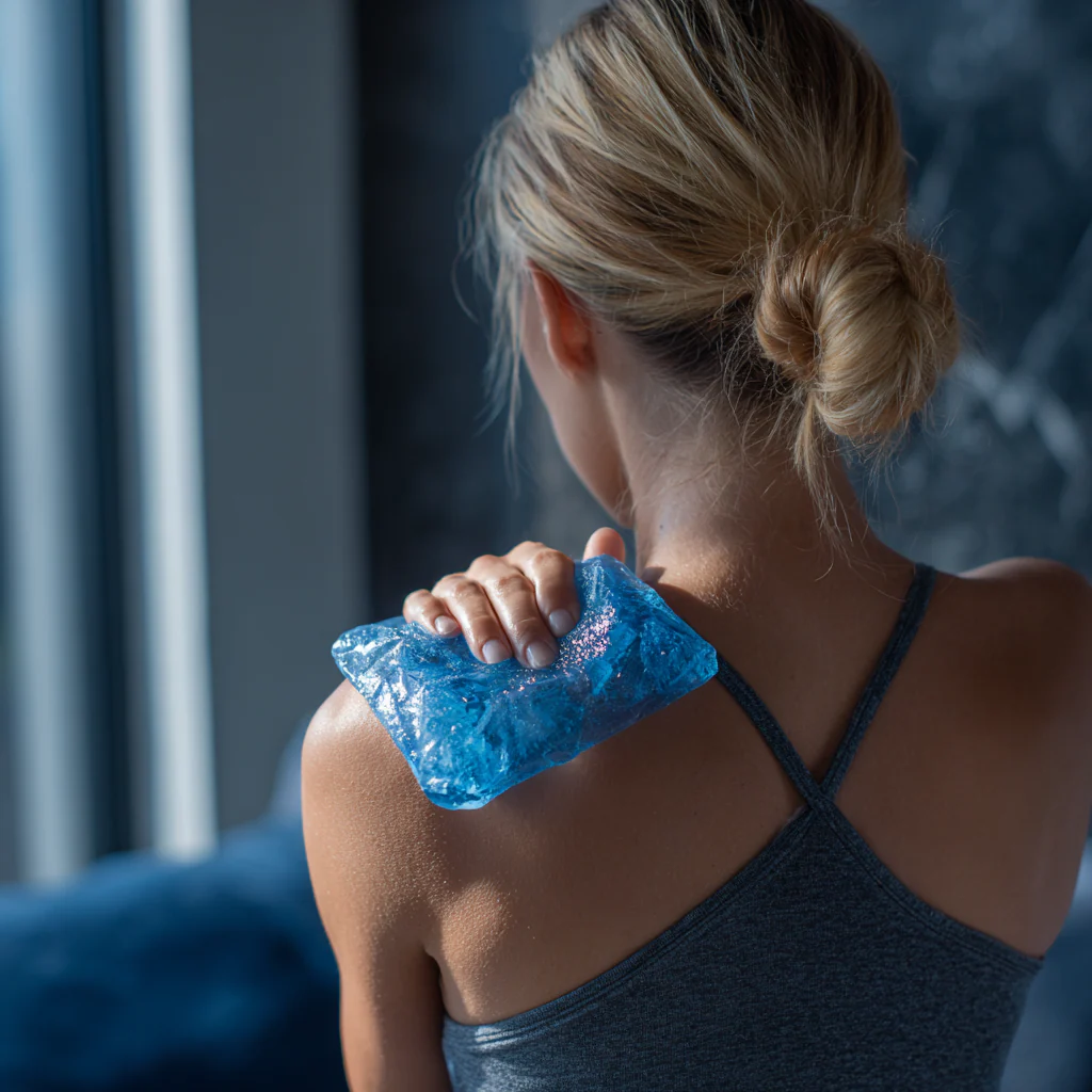 Woman experiencing shoulder pain and using a cold pack for symptom relief